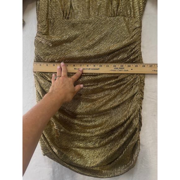 Shona Joy Cleo Circle Sleeve Ruched Mini Dress Womens 8 Gold Metallic Crepe - Picture 11 of 16